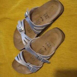 NWOT Birkenstock Silver "Granada", Leather, Rhinestones on Buckles, Size 38.